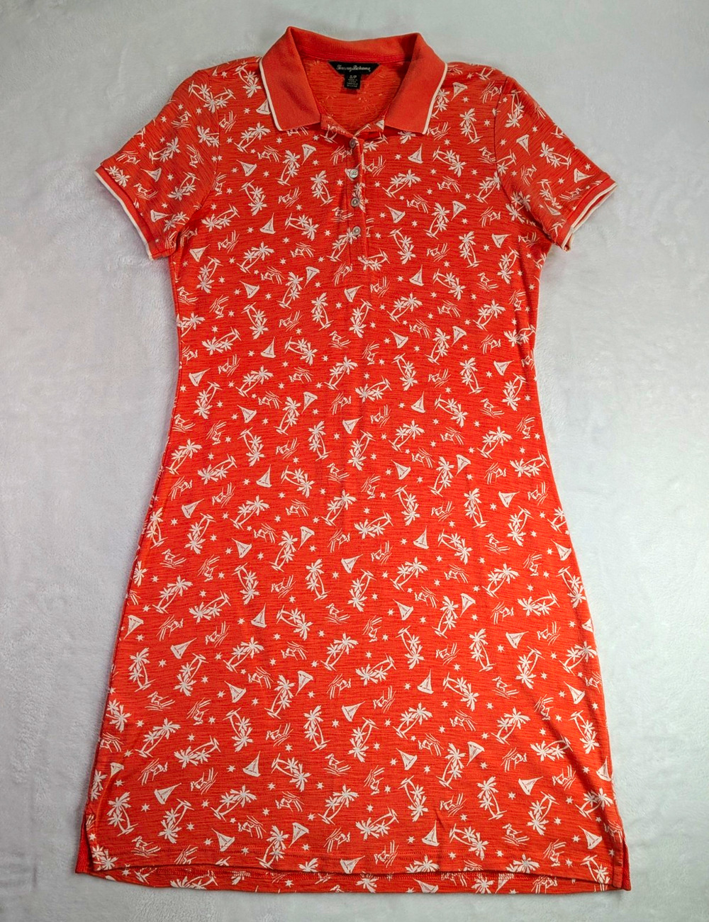 Tommy Bahama Womens Small Suncoast Loop Polo Dress Coral Tropical Palm Sailboat